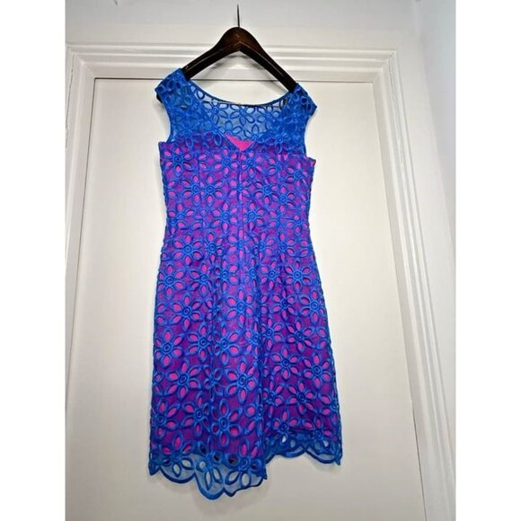 Size 6 Lilly Pulitzer Selna Royce Blue Pink Daisy Floral Eyelet Cocktail Dress - Picture 4 of 7